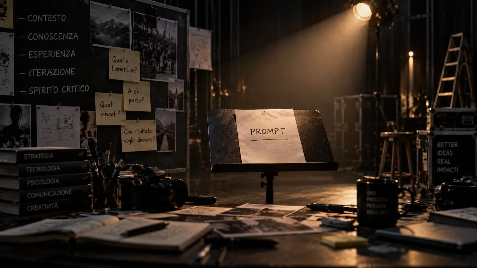 Un leggio illuminato da un faro su un palco buio, con un foglio su cui è scritto «Prompt»; intorno, una lavagna con le parole contesto, conoscenza, esperienza, iterazione e spirito critico, post-it con domande come «Qual è l’obiettivo?» e «A chi parlo?», libri e una macchina fotografica.