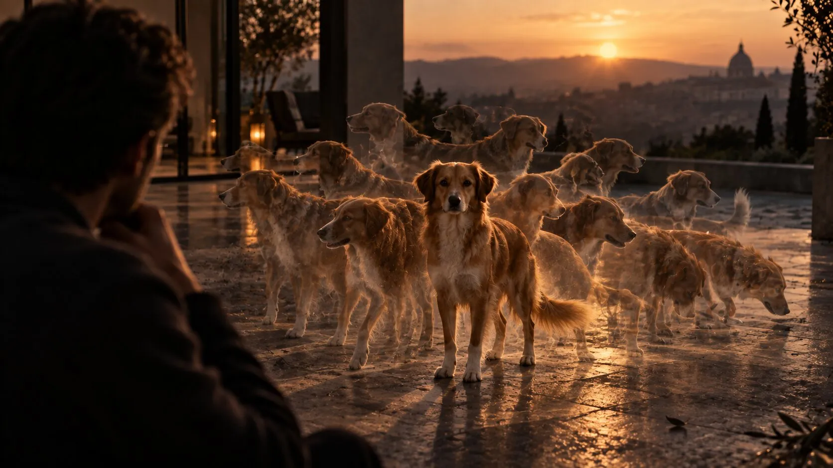 Una persona di spalle osserva, al tramonto su una terrazza con vista sui tetti di Roma, un cane color miele circondato da tante figure semitrasparenti di cani simili.