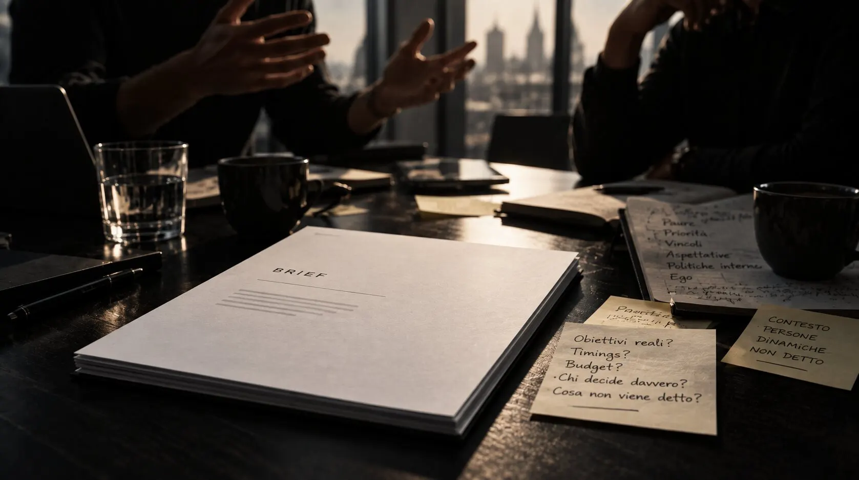 Un brief bianco su un tavolo da riunione in penombra, tra tazze e bicchieri; accanto, post-it scritti a mano con domande come «Obiettivi reali?», «Chi decide davvero?», «Cosa non viene detto?». Sullo sfondo, due persone discutono.