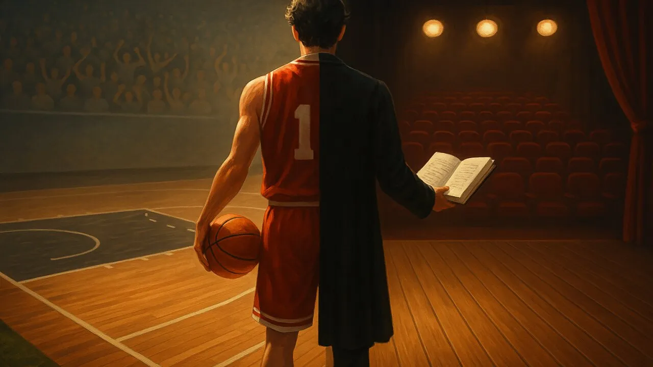 Illustrazione: un uomo visto di spalle, metà in divisa da basket con il pallone sul parquet, metà in abito di scena con un copione in mano davanti alla platea di un teatro.