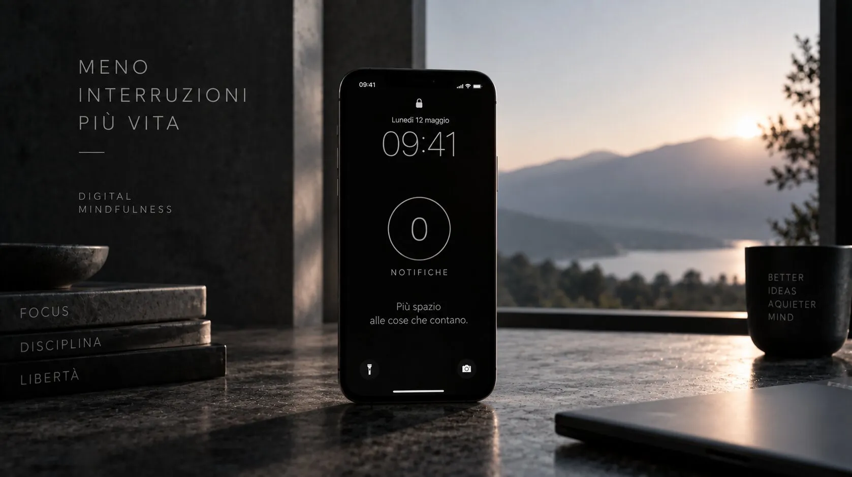 Uno smartphone in piedi su un piano di pietra davanti a una finestra sul lago al tramonto; la schermata di blocco mostra «0 notifiche» e «Più spazio alle cose che contano». Sul muro la scritta «Meno interruzioni, più vita».