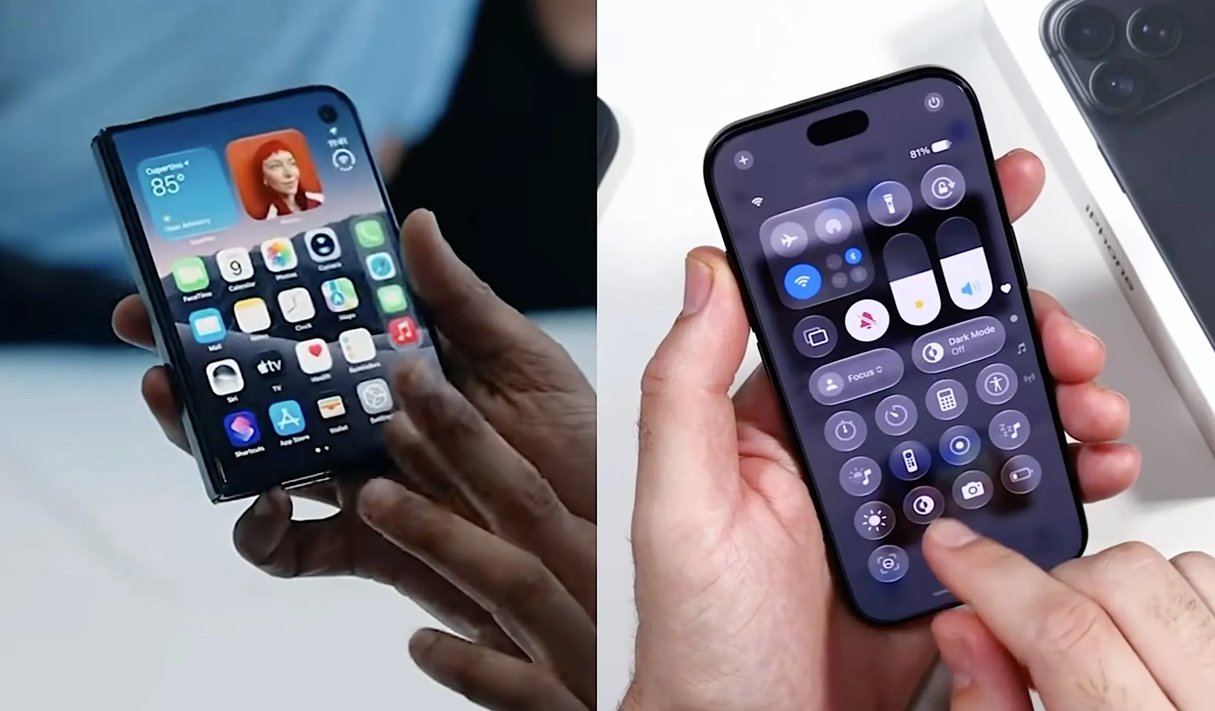 A sinistra iPhone Duo aperto in una mano, con la schermata Home a tutto schermo; a destra un iPhone tenuto in mano con il Centro di Controllo aperto.