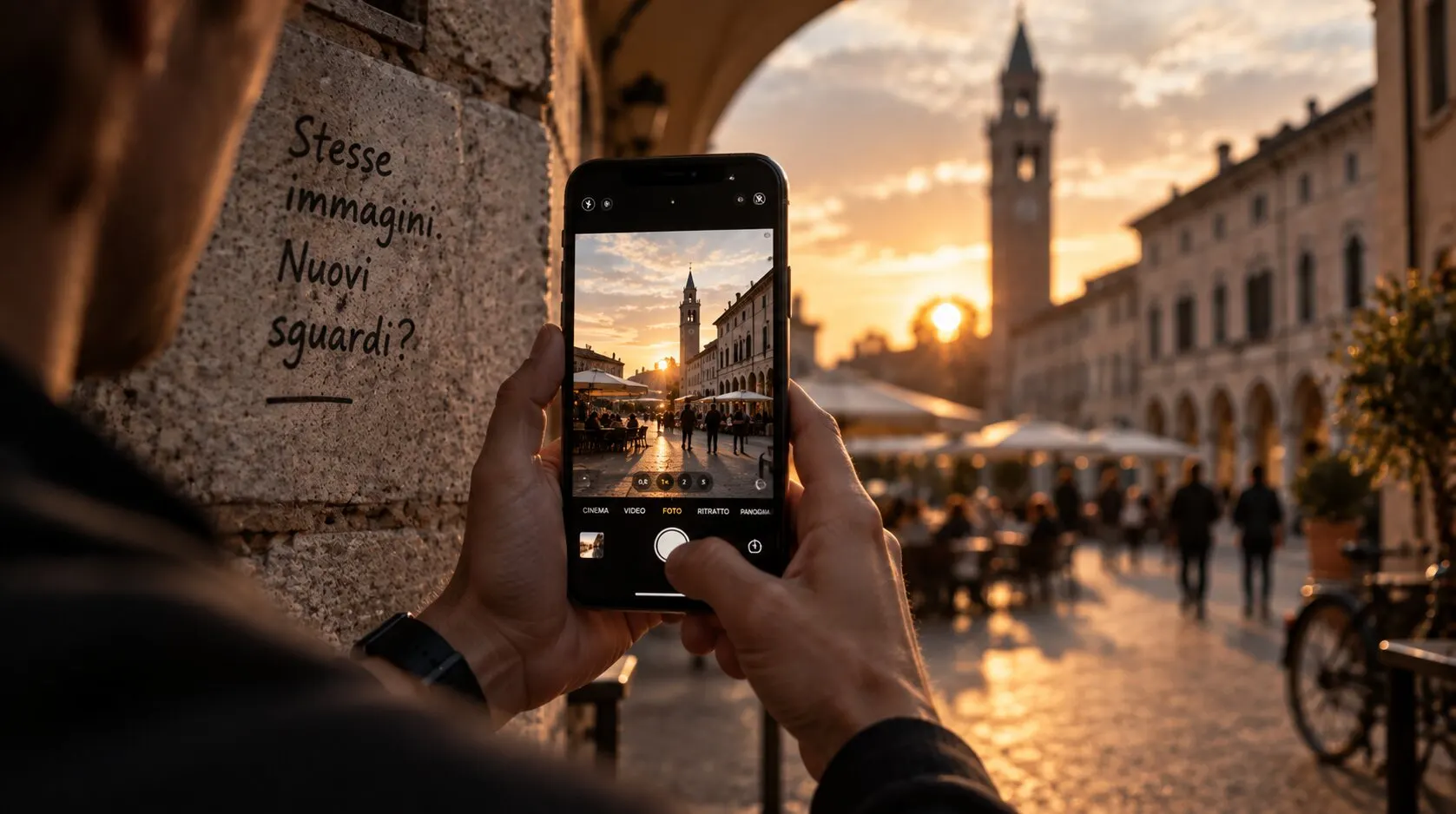 Due mani inquadrano con lo smartphone una piazza porticata con il campanile al tramonto; sul muro accanto, scritto a mano: «Stesse immagini. Nuovi sguardi?».