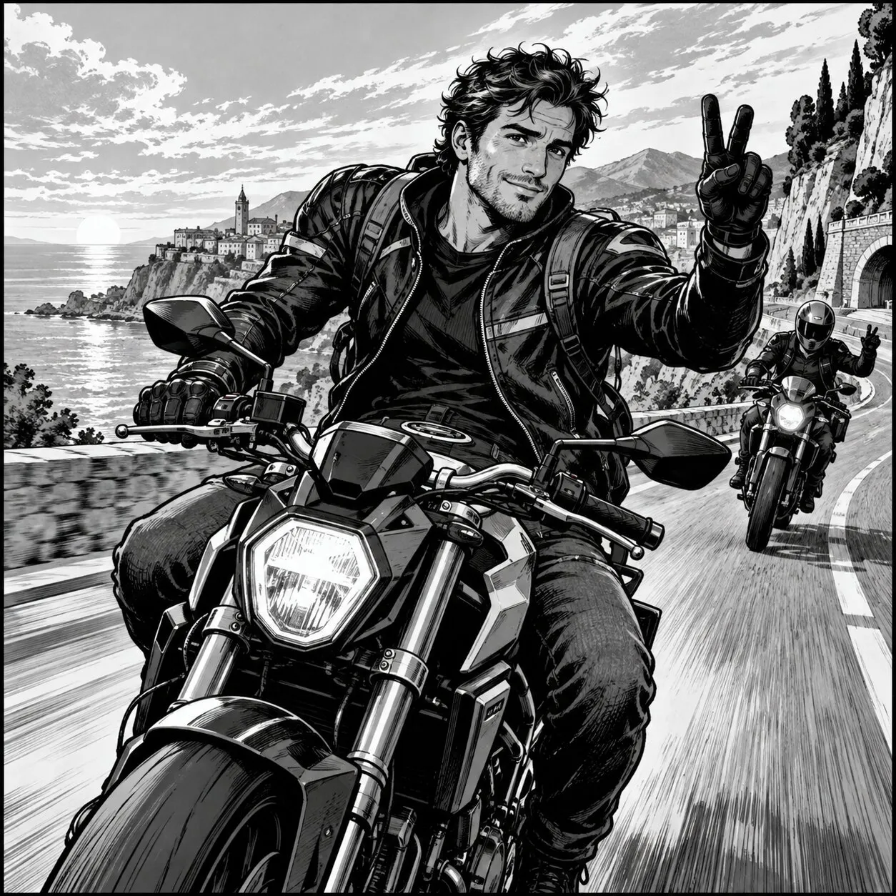 Illustrazione in bianco e nero: un motociclista sorridente su una strada costiera al tramonto, con un borgo sul mare alle spalle, alza la mano facendo una V con due dita; dietro di lui un altro motociclista fa lo stesso gesto.