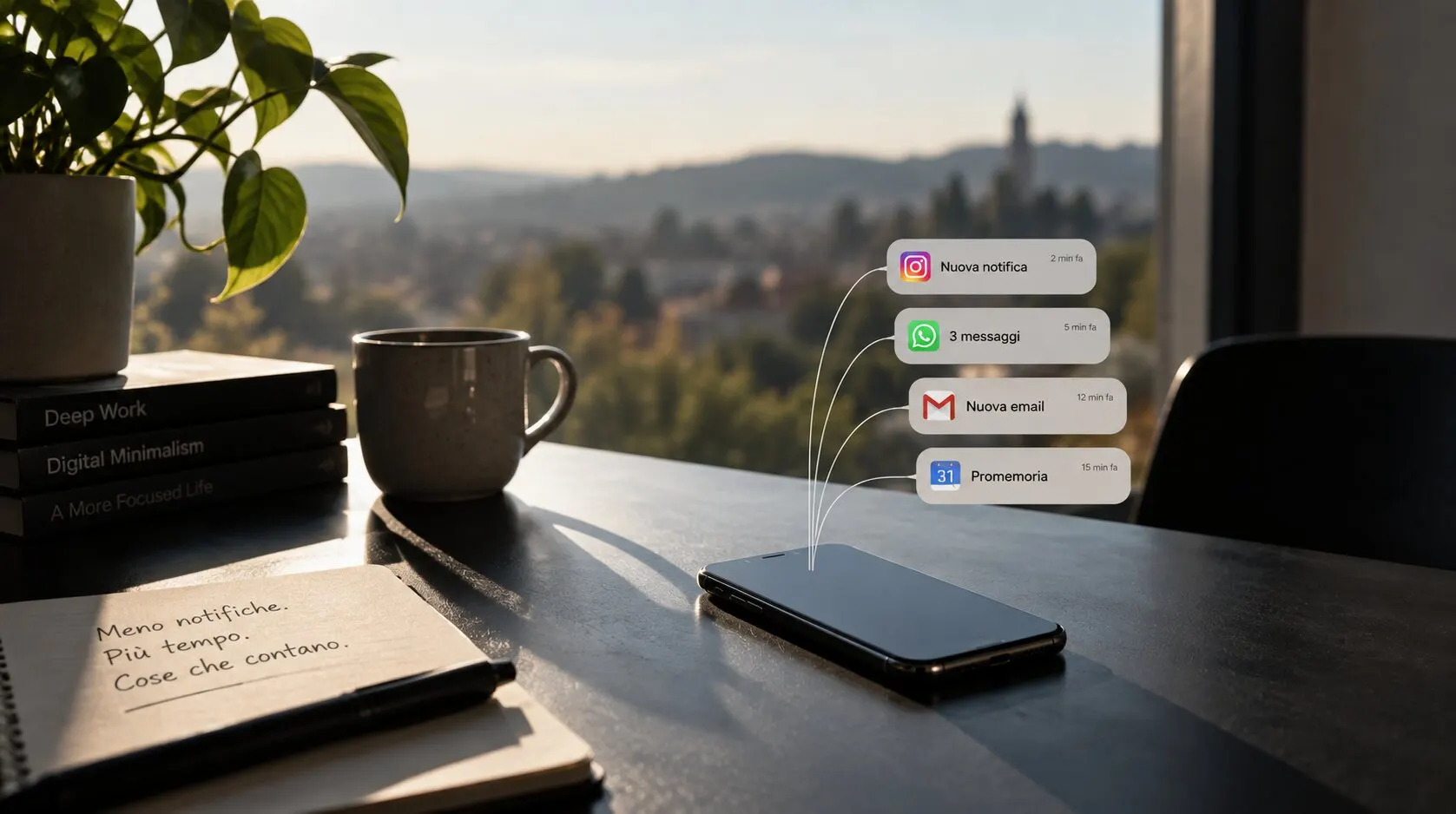 Uno smartphone appoggiato su una scrivania davanti a una finestra al tramonto, con quattro notifiche che ne escono a mezz’aria; accanto, una tazza, libri sulla concentrazione e un quaderno con scritto «Meno notifiche. Più tempo. Cose che contano.»