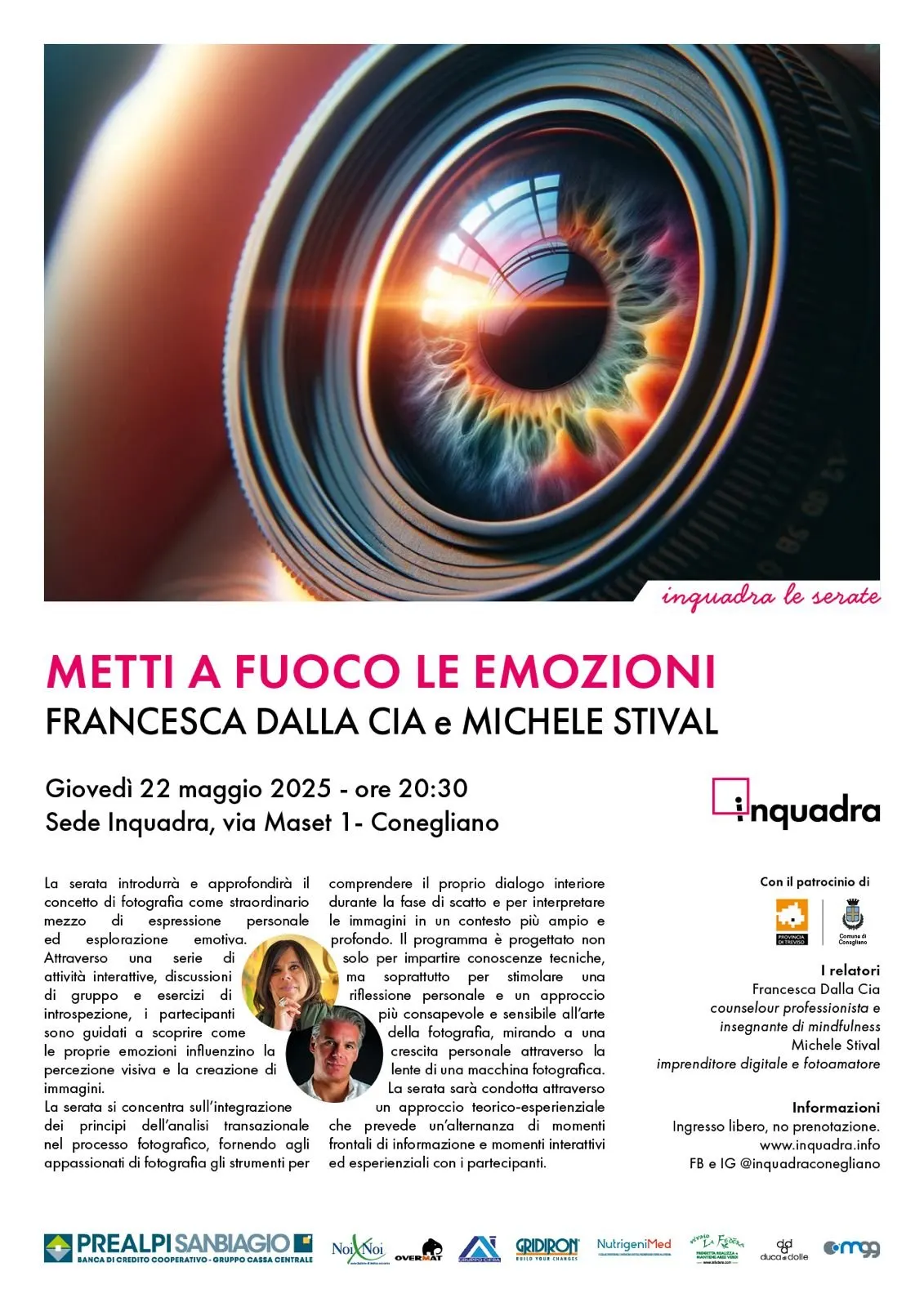 Locandina della serata Metti a fuoco le emozioni con Francesca Dalla Cia e Michele Stival, Inquadra, Conegliano, 22 maggio 2025
