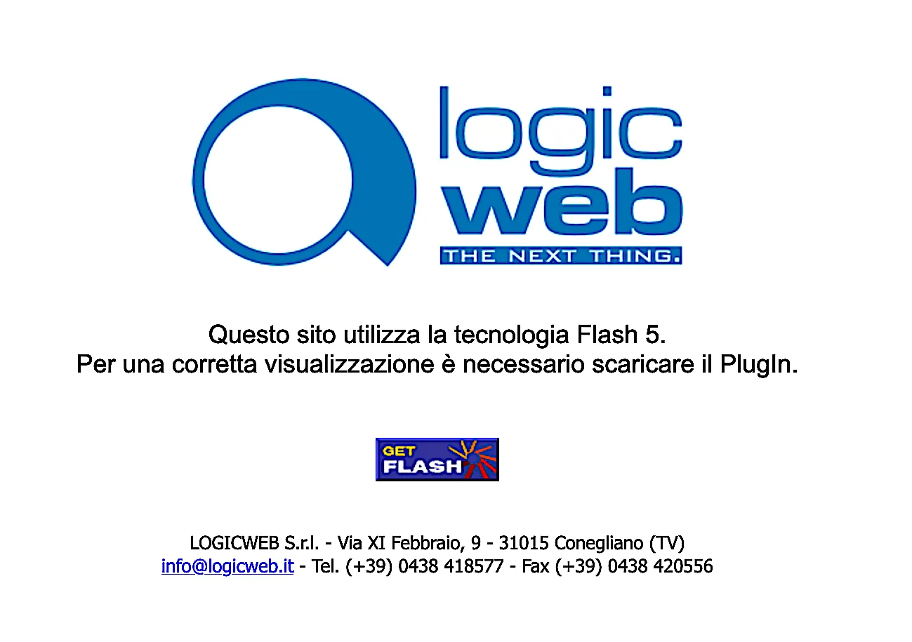 Home page di Logicweb nel 2001: logo Logicweb The next thing, avviso che il sito usa Flash 5 con pulsante Get Flash, e i recapiti di Logicweb S.r.l. a Conegliano