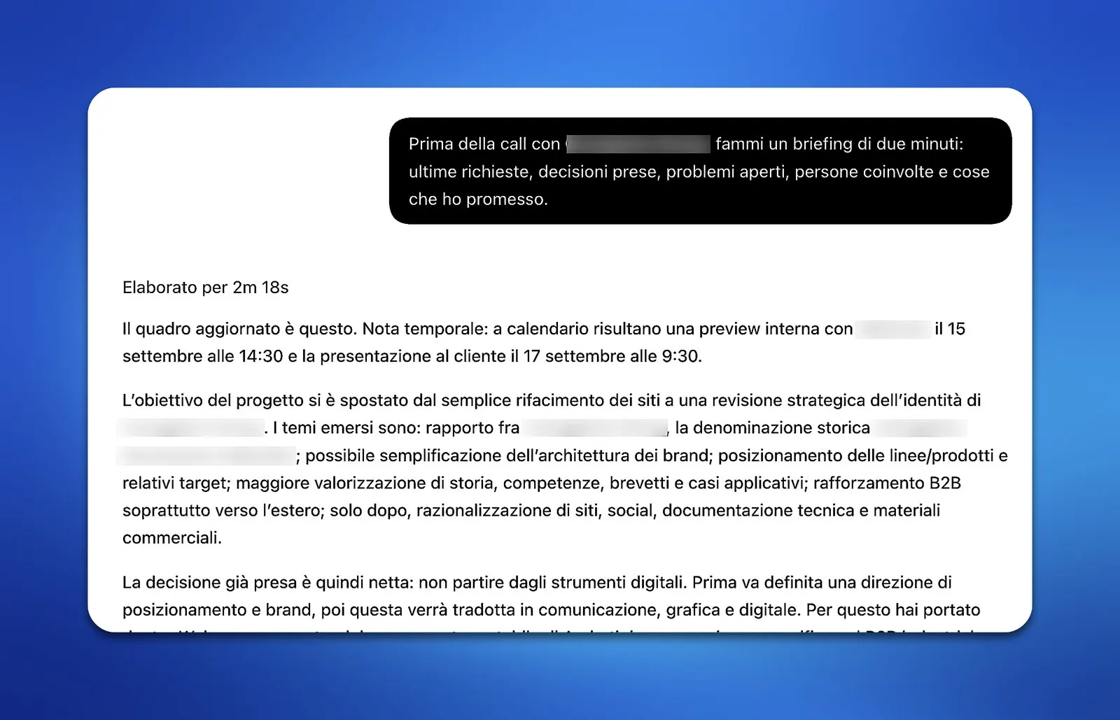 Esempio d’uso: briefing prima di una call con richieste, decisioni e punti aperti