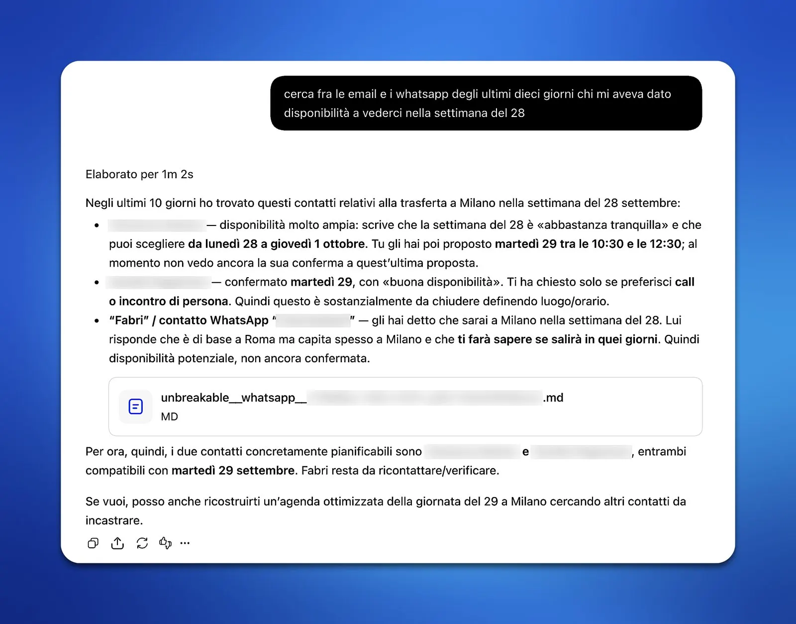 Esempio d’uso: ricerca tra email e WhatsApp di chi aveva dato disponibilità per un incontro