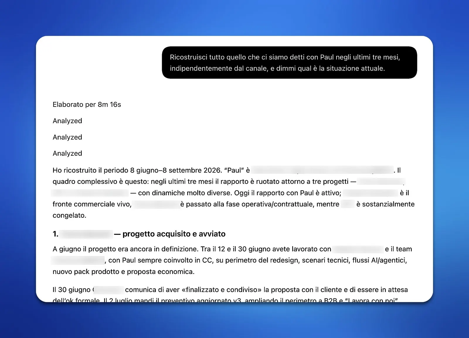 Esempio d’uso: ricostruzione di tre mesi di conversazioni con un contatto su tutti i canali