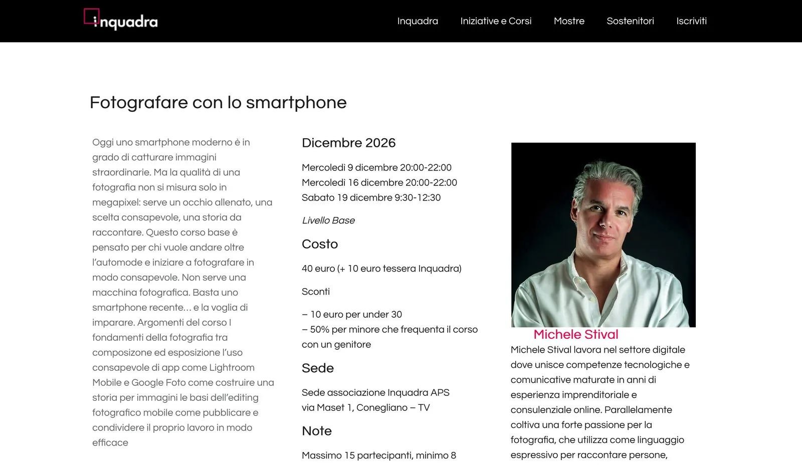 Pagina del sito Inquadra dedicata al corso Fotografare con lo smartphone, dicembre 2026, con la scheda di Michele Stival