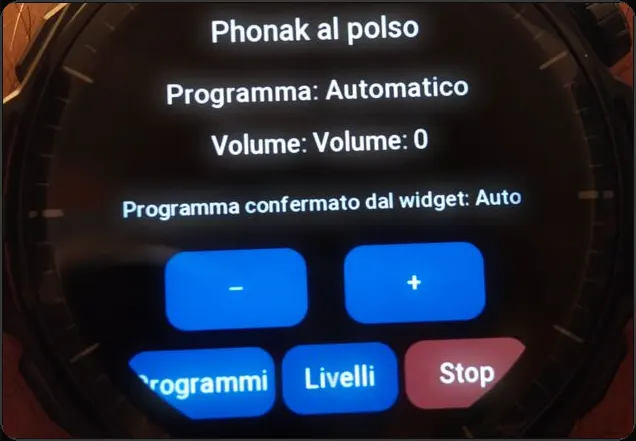 PhonakControl: app sullo smartwatch con programma, volume e pulsanti di controllo degli apparecchi Phonak