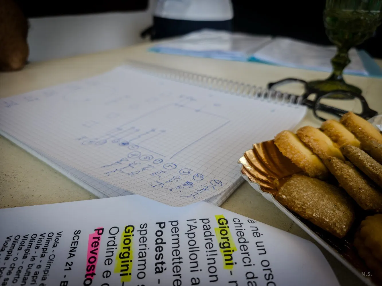 Un quaderno a quadretti con lo schema delle posizioni degli attori in scena, accanto a un piatto di biscotti, un paio di occhiali e una pagina di copione con i nomi dei personaggi evidenziati.