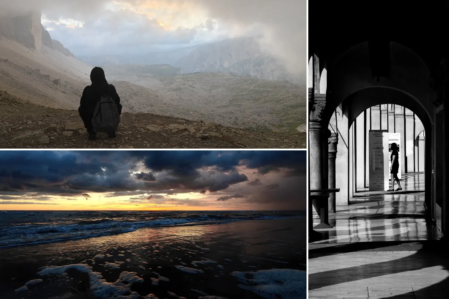 Tre fotografie di Michele: una figura incappucciata tra le Dolomiti nella nebbia, il mare in burrasca al tramonto, un portico in bianco e nero con una donna che cammina